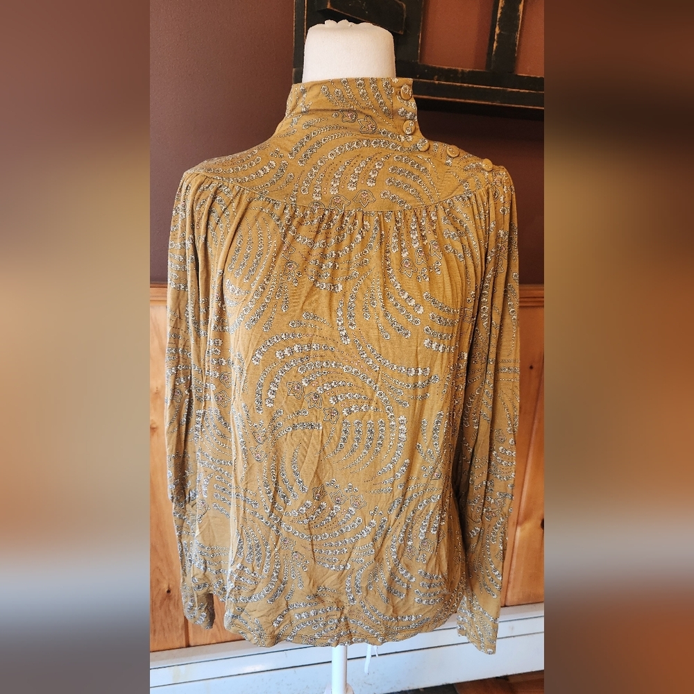 Ann Taylor Mustard Yellow Floral Turtleneck Top Blouse Size XS